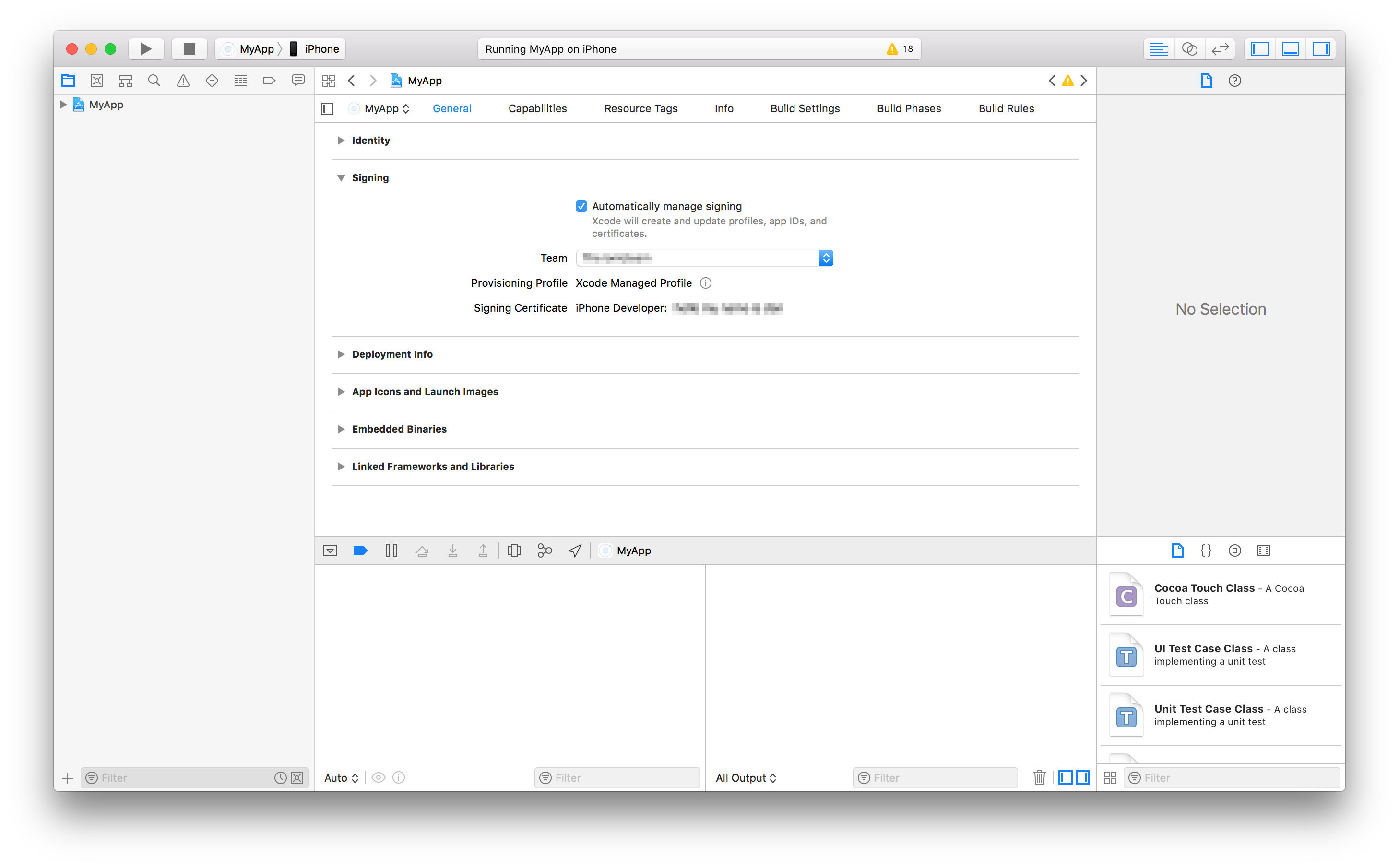 Xcode showing the Signing section with &#39;Automatically manage signing&#39; enabled and a Development Team selected.